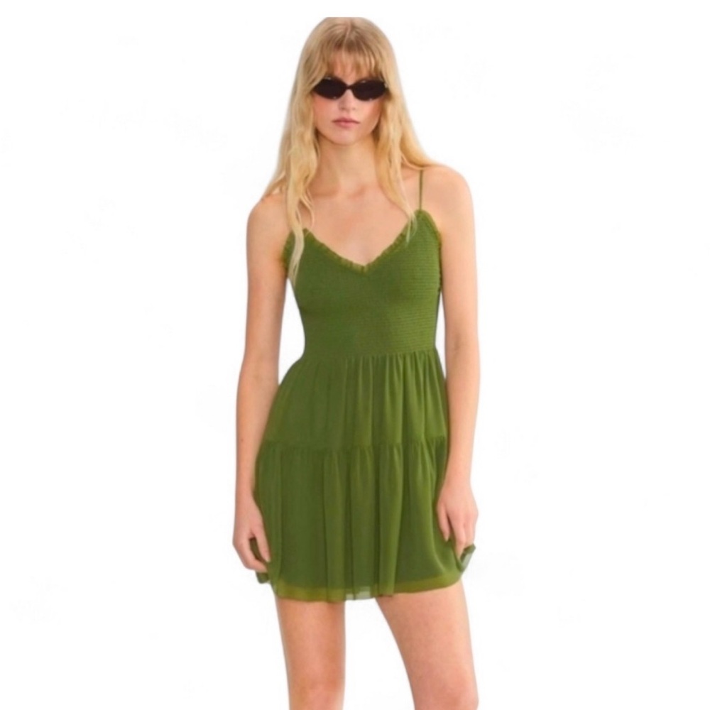 Aritzia Wilfred Tuberose Tiered Chiffon Green Mini Dress